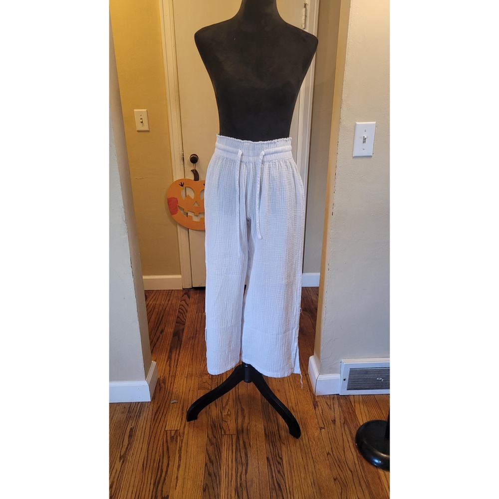 💙 2/$20 4our Dreamers White Cotton Gauze Pants L Wide Leg Drawstring